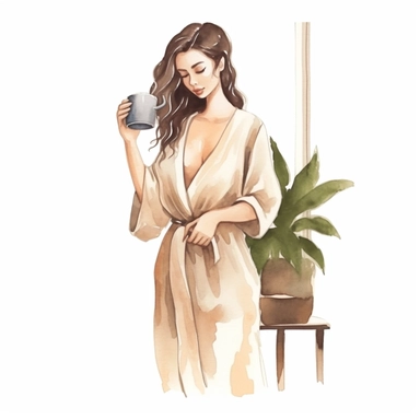 a watercolor sticker of a woman in white dress watering a big house plant. Clipart. Neutral beige faded color palette. White background. Artistic illustration. Hand-drawn.