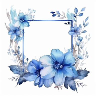 Watercolor clipart of a empty suttle dainty blue floral rectangle frame surrounded blue color flowers. Capture the essence of blooming beauty and intricate details in your artwork, white background