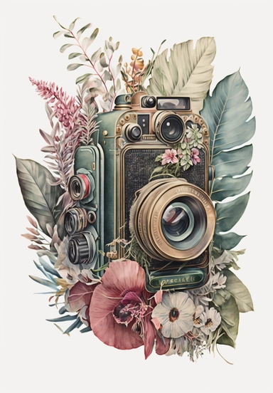 a watercolor vintage photo camera, profil view, surrounded by an intricate arrangement of dramatic extravagant ultra realistic contrasted digital multicolor 3D happy giant tropical flowers, in the style of large-scale photography, lush detailing, watercolor style, pastel colors, sacred geometry, origamy, kaleidoscope, photorealistic, playfully intricate, made of flowers, bloomcore, 8K, clipart, clear background