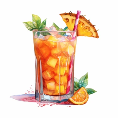 hand drawn , watercolor, hyper realistic, white background, , 16k, ultra detailed clipart, cut out image, hand-drawn, ultra HD, sharp and clean art a summe drink tropical flavored