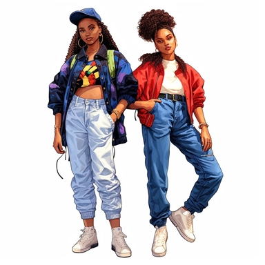 black, African American girls wearing retro 1990’s style urban streetwear fashion clipart, watercolor style, hyper realistic, detailed, white background