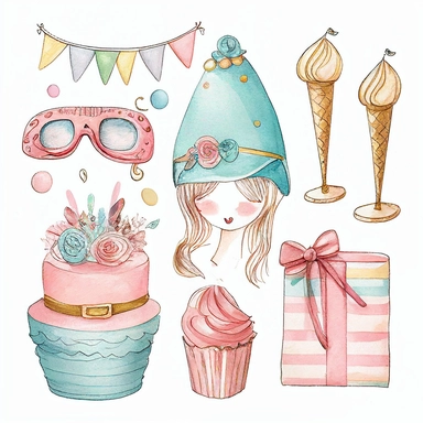 Please create a series of whimsical fashion illustrations featuring different items related to birthdays and birthday parties in shades of pink, blue, and gold. Each illustration should be drawn in a charming and playful style that captures the fun and excitement of birthday celebrations. Items to include can be balloons, cakes, gifts, party hats, and decorations. Please use a combination of watercolor and pencil drawings to create a unique and artistic look. The color palette should be dominate