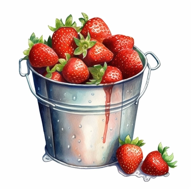 watercolor art of strawberries being washed in bucket, in the style of realistic and hyper-detailed renderings, sketchfab, ahmed morsi, realistic watercolor paintings, use of common materials, handcrafted designs, with white background clipart