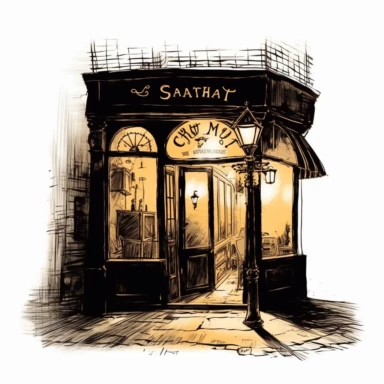 shawn coss silhouette, bar entrance for shadow street lit up clipart, add some color shades, vintage style, old fashion, artwork, white background, 4k, detailed