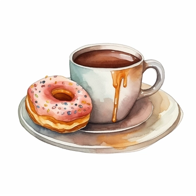 Full isolated coffee cup and donut on a plate on a white background, bolded outline clipart sticker watercolour style, bolded outline sticker, front view, isolated on a white background