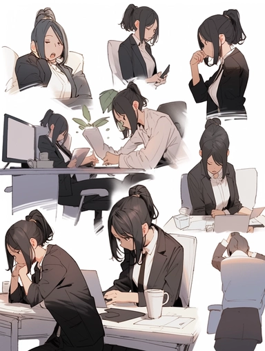 trending on pixiv,no background,Paper texture,pop manga,line art,rough sketch,japanese anime,graffiti touch,japanese manga,overtime, japanese women,kawaii,tired expression, desk, computer, late at night, colleagues, office, documents, paperless, cup, coffee, pen, glasses, company, high heels, suit, stress, fatigue, work, light, table, monitor, work clothes, hair tie, labor, mouse, keyboard, clock, night, chair, meeting room, frown, mirror, water bottle, headphones, lighting, memo, tissue box, cl