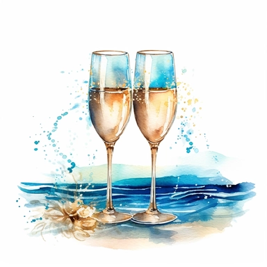 Craft an elegant clipart image of champagne glasses clinking together, set against a backdrop of serene blue watercolor tones, symbolizing the celebratory atmosphere of your romantic beach wedding ,Weeding on the beach, Watercolor, Detailed, sweet, majestic, high resolition, transparent background, no captions