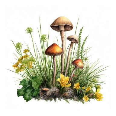 watercolor art of grass tuft with dandelions and mushrooms, in the style of realistic and hyper-detailed renderings, sketchfab, ahmed morsi, realistic watercolor paintings, use of common materials, handcrafted designs clipart