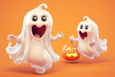 Cute ghost. Happy halloween ghosts characters, spooky expression creature. Funny scary magic demon with pumpkin, mystery creative nowaday vector clipart, realistic, full frame, very detailed