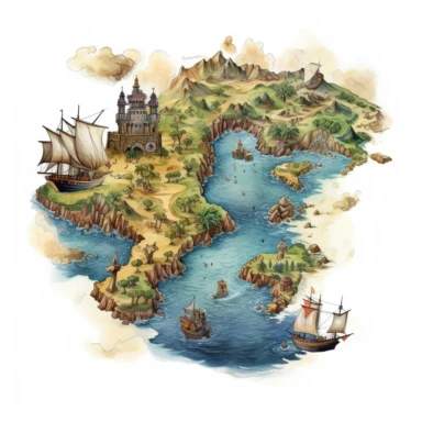 a watercolor vintage cartography map clipart, as a whimsical island takes center stage. Explore the intricacies of the detailed 8K design, where every unique cartographic element tells a story waiting to be uncovered, white background,