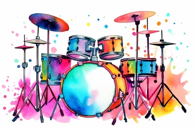 colorful vibrant neon drum set, watercolor clipart