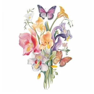 Design a dreamy watercolor clipart of a Bouquet of butterfly-shaped flowers such as orchids, lilies, and calla lilies arranged in a whimsical and enchanting display composition, hand-painted with soft and graceful brushstrokes. Draw inspiration from the artistic finesse of Ethereal Petals Watercolors for a refined and ethereal depiction. isolated on a white background, hand-drawn illustration, hand-painted watercolor texture, 16k UHD resolution, intricately detailed, sharp focal points, designed