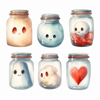 Collection of little flying baby ghost face, transparent glass jar and red love heart. Hand drawn watercolour graphic drawing on white, cutout clip art elements for print, invitations, banners, cards