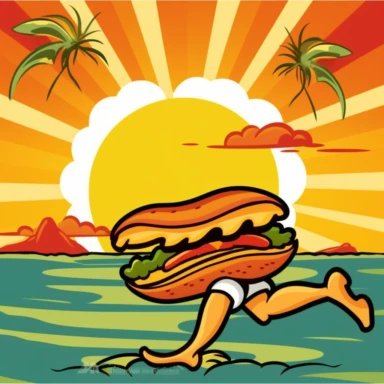 cartoon clipart vector of a sub sandwich running on a beach during sunset