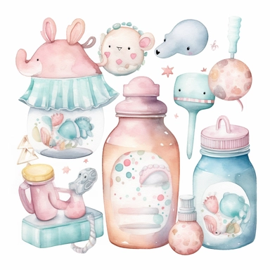 Create a watercolor clipart set featuring adorable baby items such as rattles, pacifiers, bottles, and onesies. The color scheme should be soft and pastel, and the images should be detailed and charming, white background