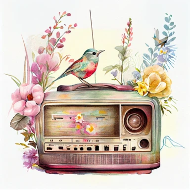 Vintage old radio ( a little floral, bird on radio) pastel rainbow watercolor clipart