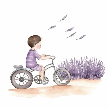 a side view of a little boy riding a tricycle in a field of lavender watercolor clipart