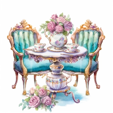 Make a clipart of a fairytale watercolor french country kitchen table, rococo, with bright pastel colors of blues and green, pink roses, gold accents, black outlines, hd, white background