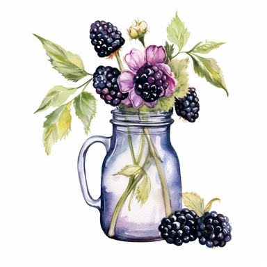 Blackberries in flowers branches in glass type Jug , watercolor clipart