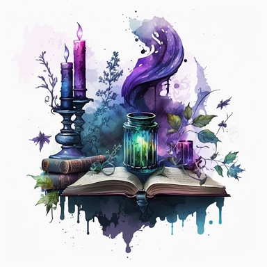 Gothic style Magical wizard inventory on the table with watercolor effect,mystical magic books,victorian style candlestick,fantasy scene, suitable for digital clipart,dark colours,purple color,blue color,green color,white background