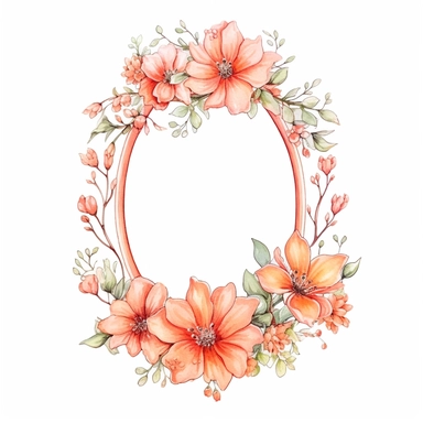 watercolor clipart of a empty suttle dainty floral oval frame surrounded by peach color flowers. Capture the essence of blooming beauty and intricate details in your artwork, white background