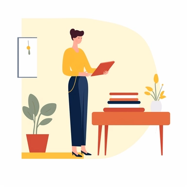 vector design, image the teacher is standing, book in hand, side table with books, blackboard, flat modern illustration, clipart, white background, soft gradient transition, in the style of warm color palette, natural pastel colors, in bed red and yellow, object portraiture specialist, uniformly staged images, animated illustrations