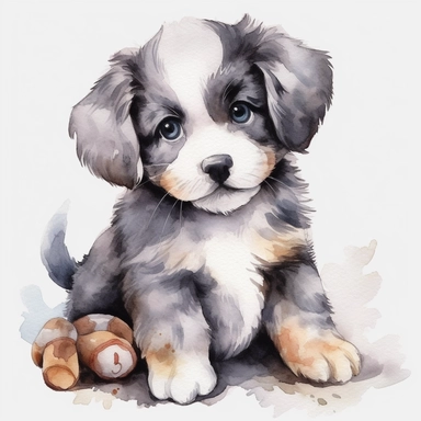 Watercolor puppy playing, with cuddly toy bone Clipart - cute puppy , Colour of black and silver, white background, vector art, high definition, clip art, ar 2:2