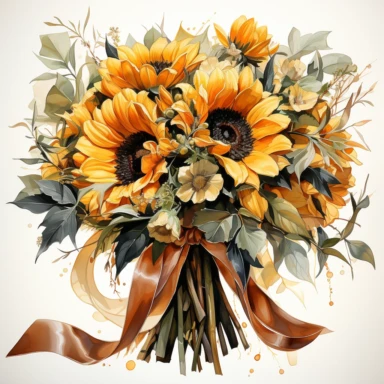 bouquet sunflowers wrapped in ribbon, in the style of photo realistic and hyper-detailed watercolor, sketchfab, ahmed morsi, realistic watercolor, use of common materials, handcrafted designs, clipart with white background