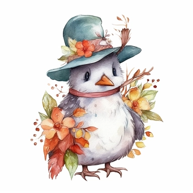 a Cute Happy Penguin in the style of Watercolor Kate Greenaway Clipart, White Background