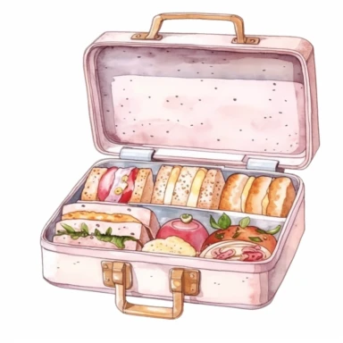 isolated hand drawn illustration on a white background, a school lunch box , soft watercolor clipart, populair look,feminine style, pastel very soft pink beige and white solid colors, no patterns on art only solid colors,