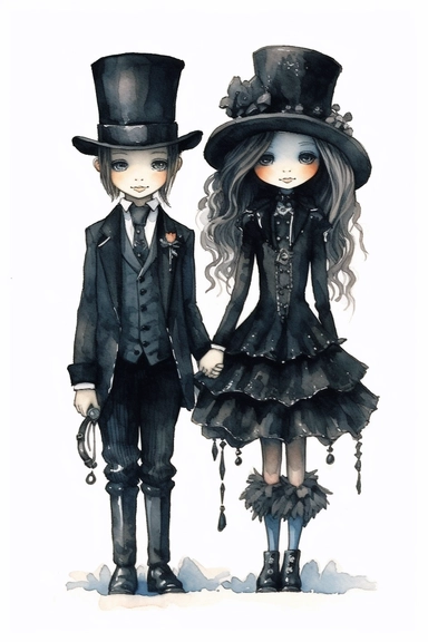 watercolor mixed media goth steampunk boy and girl entire body in goth steampunk wedding décor illustration clipart by holly hobbie