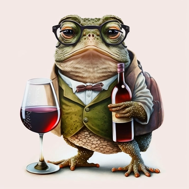 studious toad with glasses and red wine in his hand visiting rome, vintage, funny, white background, clipart, no shadows, caricature