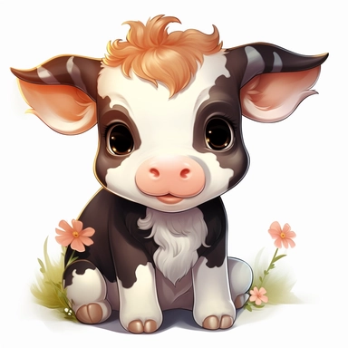 cute happy looking baby cow with flowers cartoon style clipart on white background
