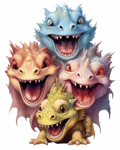 baby dragon laughing with 5 heads clipart multicolored