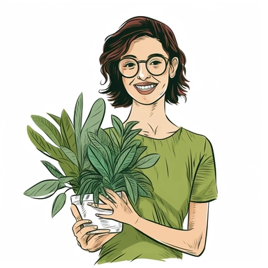 A HAPPY Young Woman WITH GLASSES Holding PLANTS Clipart in the style of hand-drawn, clean lines, on a white background
