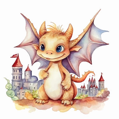 Cute happy Watercolor city Baby Dragon Clipart, on a white background--s 1000