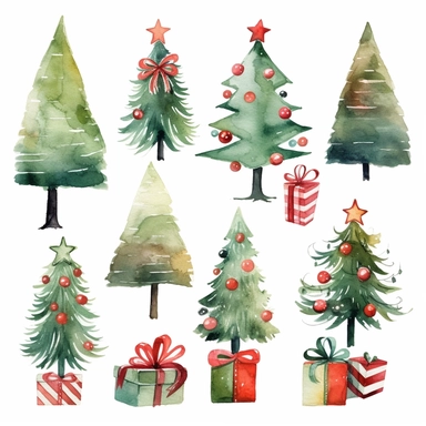 Watercolor christmas trees with christmas ornaments with gift boxes underneath, illustrations clipart set, simple, christmas colors , cartoon elements, different variants , candy cane, hollybell, bow, separate elements with a margin