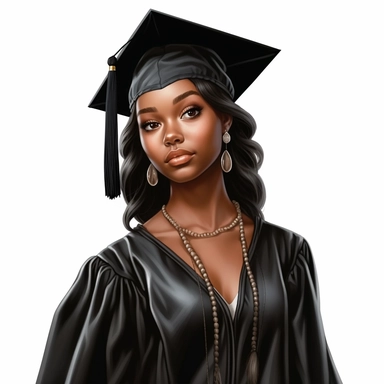 beautiful black queen graduate, clipart, straight hair, light skinned, wearing a black cap and black gown, white background