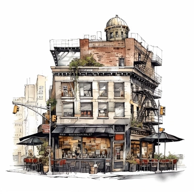 clipart de cafeteria de nueva york, acuarela, 16k, hiper minimalista, megapixel, full color, super detailed,insanely detailed and intricate, ultra detallado