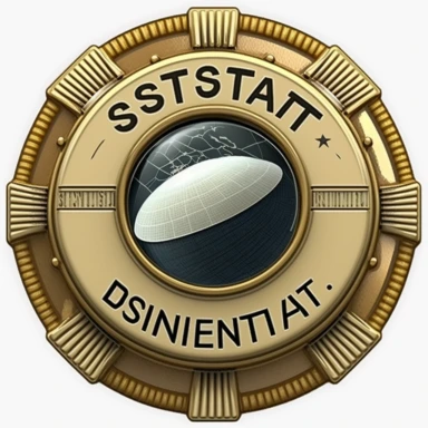 a round badge, facing front, with serrated edges, for OSINT investigators, with a nameplate and a stylized satellite:, clipart