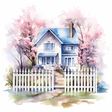 clipart, isolated on white background, beautiful cute Watercolor Spring Cottage - cute little house with fence and chimney, tree and flowers, ornated, pastel colors