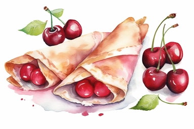 4 watercolor cherry crepe clipart, HD, isolated white background, spaced out