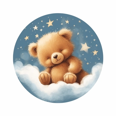 Cute teddy bear illustration, realistic adorable teddy bear sleeping on a soft moon surrounded by stars, sleepy happy clipart, nursery style clipart, Nursery Animals Art, Kids Wall Art, Kids Room Decor, Baby Room Decor, isolated on white, ultra - detailed, high quality, ghibli style, award winning