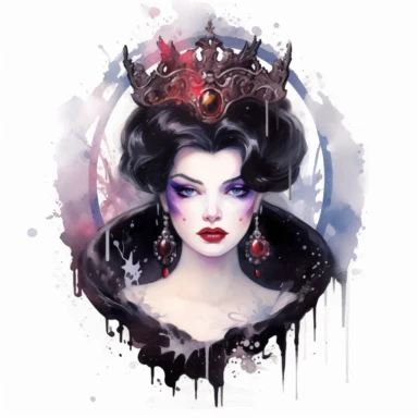 watercolor Disney Evil Queen (Snow White): A beautiful but wicked queen with a black cloak, a magic mirror, clipart, white background, by Natalie Shau, by Kawacy