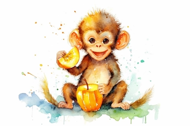 Cute Monkey, banana, funny, sweet, watercolor, watersplash, White Background, Clipart watercolor illustration, anime, simple, dominant yellow, green, orange, clear, outline, beautiful, magnificent, pastel color, ephemera, fantasy
