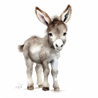 a vibrant baby donkey with kind eyes clipart with watercolor illustration,full body shot,8k,etsy style, white background