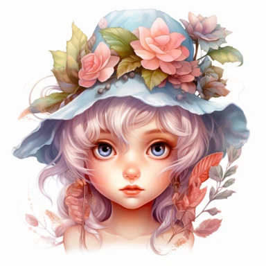clipart, white background, elf art for android, pastel colors, in the style of whimsical portraits, highly detailed foliage, child-like innocence, cute hat, vibrant realism, tinycore, shiny eyes, soft and dreamy tones