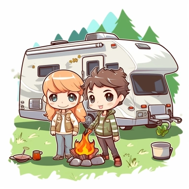 cartoon, clipart, couple at campground with grass and campfire by class c winnebago motorhome in chibi doll style 300dpi