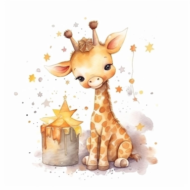 cute watercolor newborn soft beige baby giraffe toy smiling with stars and birthday cake, watercolor effect, isolated white background, babyshower clipart, soft beige tones