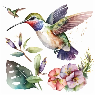 hummingbird watercolor clipart illustration, transparent background
